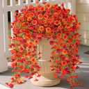 Pack Of 2 Hrobek Artificial Fall Hanging Flowers for Decoration, 2pcs Long Vine Fake Flowers Plants Morning Glory, Realistic Faux Petunias for Planter Patio Porch Garden Autumn Outdoors Dec, Orange Red