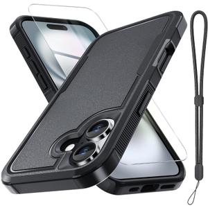 RMOCR Case for iPhone 17 Phone Cover with Screen Protector,Military Grade Heavy Duty Shockproof PhoneCase with Wrist Lanyard Strap,2025 Black Matte