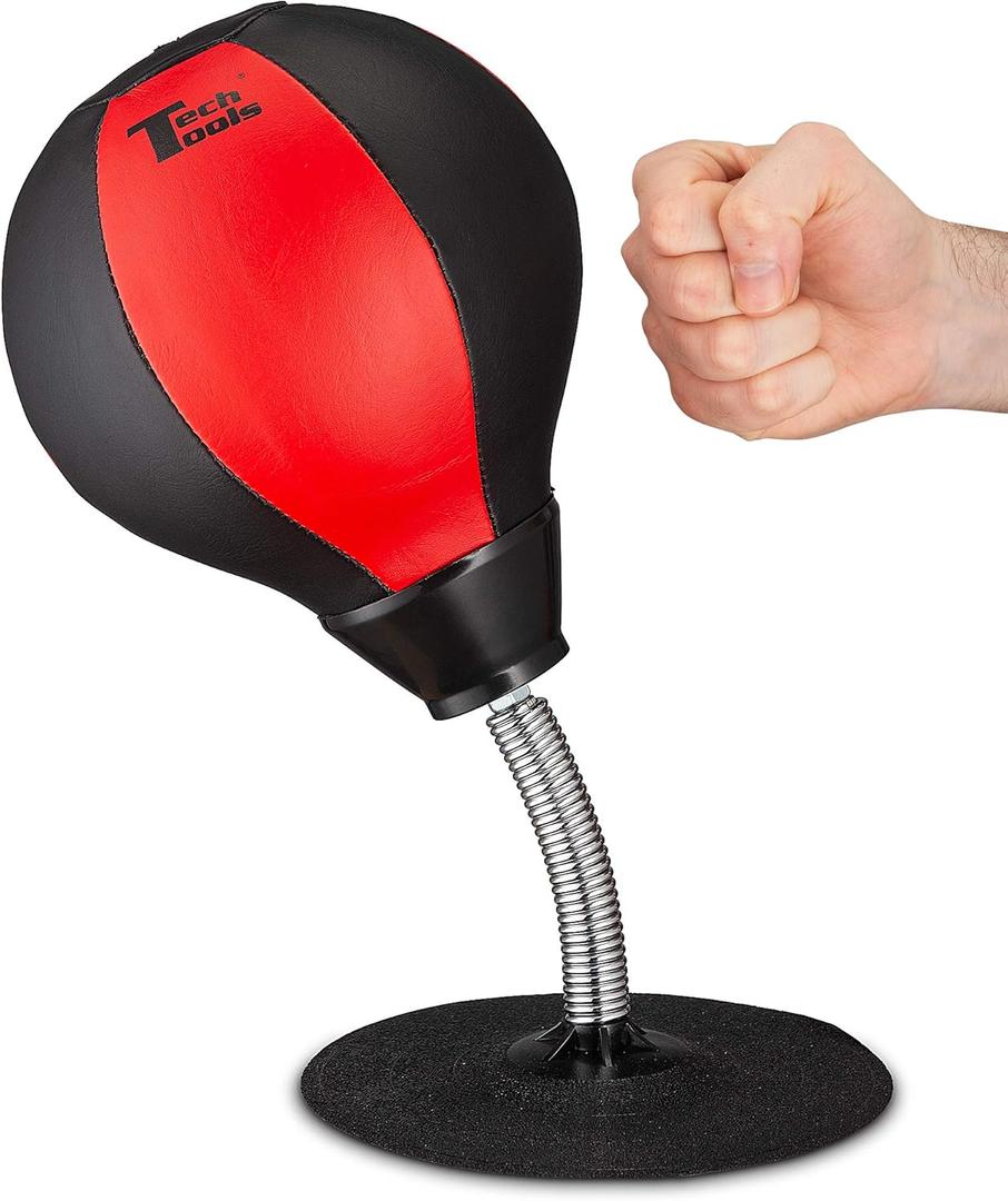Tech Tools Stress Buster Desktop Punching Bag - Suctions to Your Desk, White Elephant Gifts for Coworker Men and Women, Heavy Duty Stress Relief Ball, Gag Gifts Funny Desk Accessories (Red/Black)