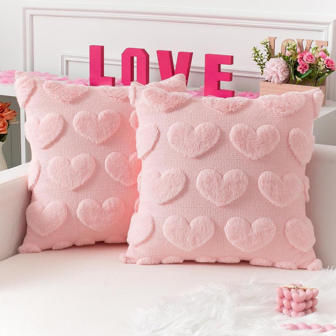 Kevin Textile Heart Love Cute Decorative Throw Pillow Covers 18x18 Inch Set of 2 Soft Faux Fur Pillow Covers for Valentine's Day Gifts Fluffy Plush Pillow Cases for Couch Cushion Livingroom Light Pink