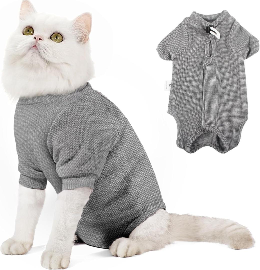 Dotoner Cat Surgery Recovery Suit for Female Male Anti-Licking Pet Surgical Pajamas Long Sleeve Prevent Shedding Cat Spay Recovery Suit&E Collar Alternative Bodysuit for Cats, L (Grey)