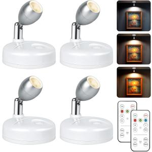 Destlife 4 Pack Wireless Spot Lights Indoor, Battery Operated Uplighting, Mini Spotlight with Remote 3CCT Tree Lights Indoor, Accent Wall Lights for Display Plant Picture Dartboard (White-3 Color Temp Light)