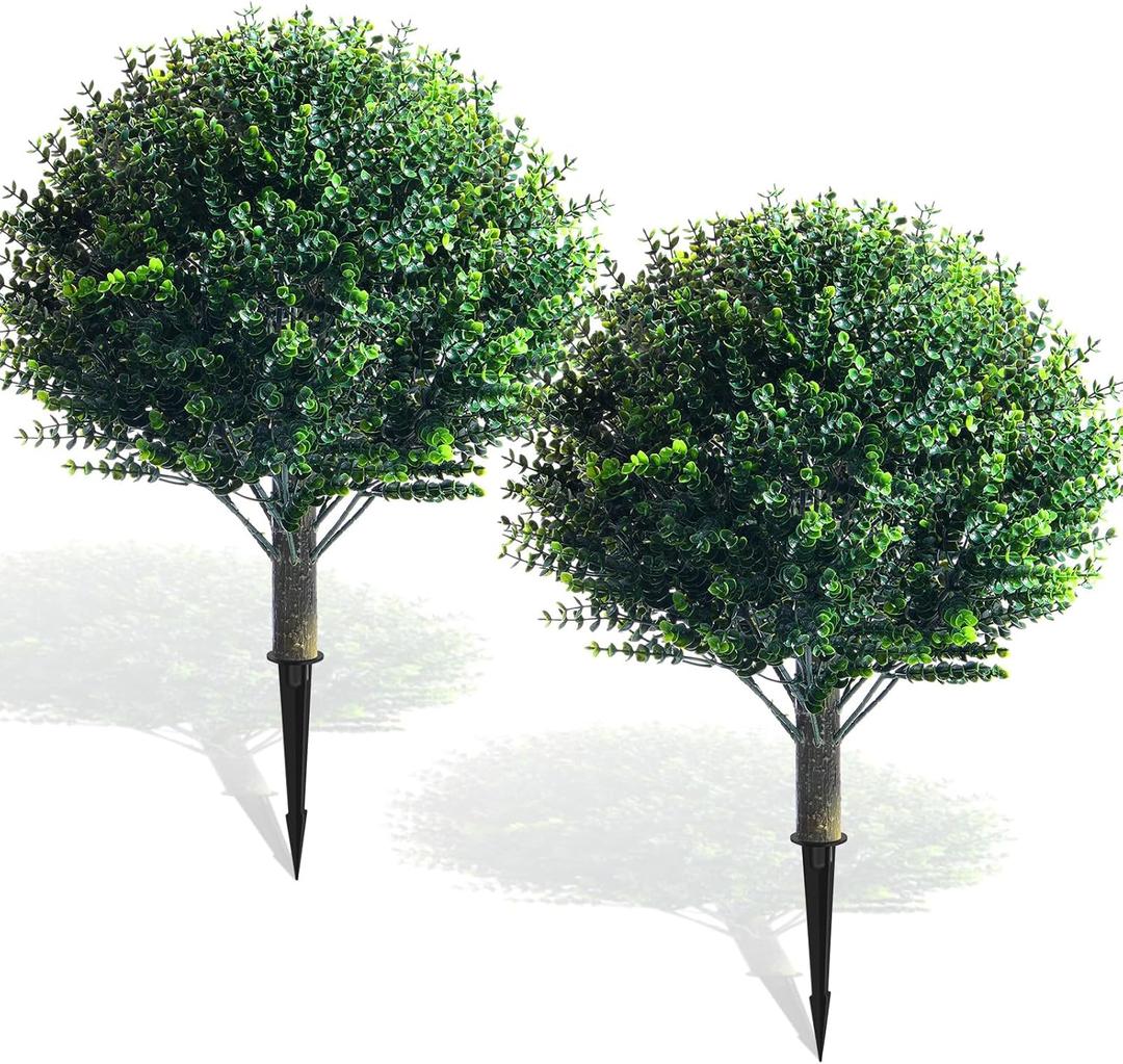 Yunlly 2 Pcs 18 Inch Artificial Boxwood Ball Topiary Tree Fake Outdoor Plants Bush, UV Resistance Faux Shrub with Spike Realistic Greenery Potted for Indoor Garden Yard Porch Patio Decor (Dark Green)