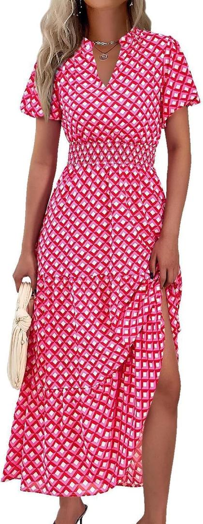 MASCOMODA Summer Maxi Dresses for Women 2025 Casual V Neck Puff Short Sleeve Smocked Flowy Beach Boho Long Floral Dress (XX-Large)