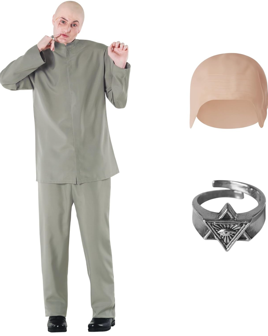 Morph Grey Villain Costume With Baldcap, 60s Costume Men, Funny Halloween Costumes For Men