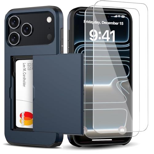 Benbenjaytek for iPhone 17 Pro Max Wallet Case with Card Holder + 2 Tempered Glass Screen Protector Protective Shockproof Hidden Card Slot Slim Case Women Men for iPhone 17 Pro Max 6.9″(Blue)