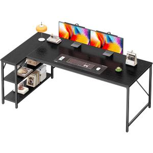 Huuger L Shaped Desk, 63 Inches Computer Desk with Reversible Storage Shelves, Gaming Corner Home Office Writing Study, Metal Frame, Black