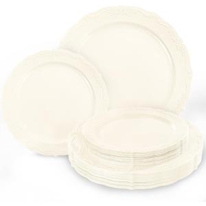 Tinybee 60PCS Ivory Plastic Plates - Heavy Duty Ivory Disposable Plates, Elegant Plastic Plates for Bridal Shower, Wedding and Party Including 30 Dinner Plates 10 '' & 30 Dessert Plates 7.5 ''
