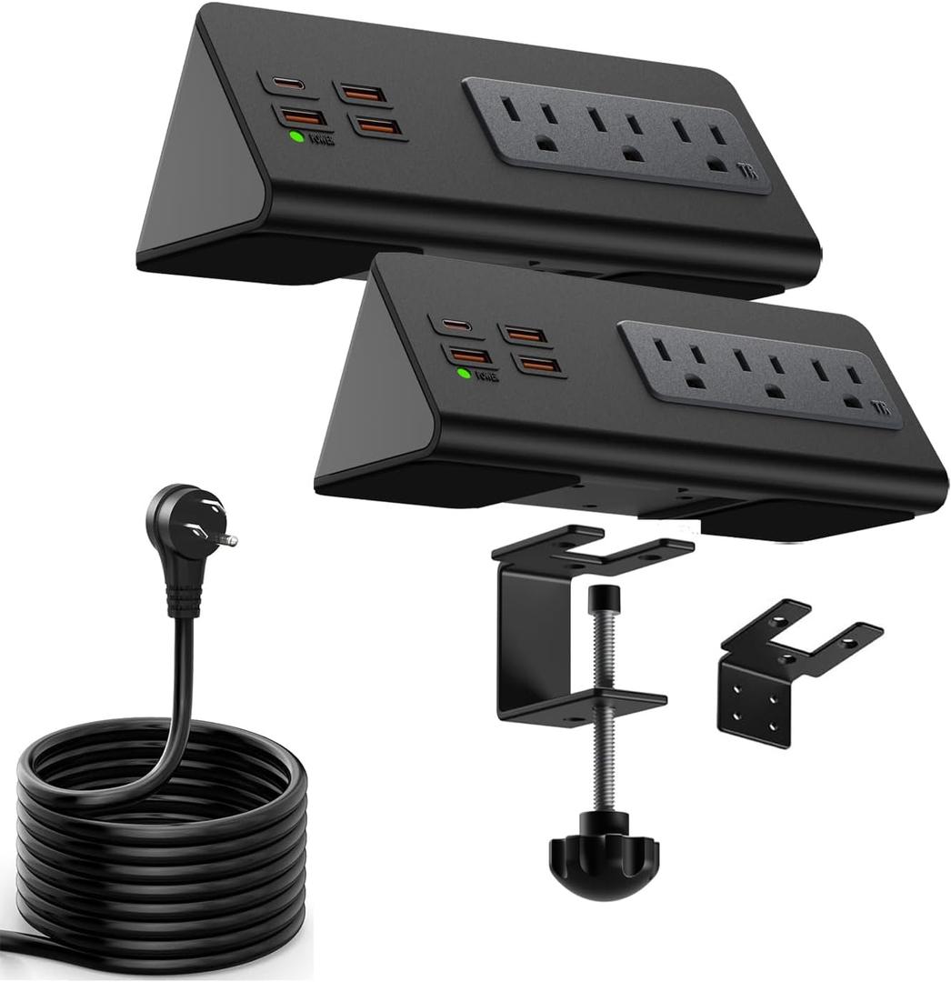 Upgraded Version Edge Mount Power Strip with USB-C Ports Tabletop Surge Protector Desk Clamp Power Sockets with 3 AC Outlets &4 Fast Charging USB Ports for Home Office Hotel Dormitory (Black - 2pack)