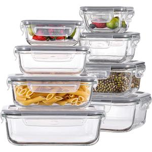 HOMBERKING 8 Pack Glass Food Storage Containers with Lids, Meal Prep Containers, Airtight Bento Boxes with Leak Proof Locking for Microwave, Oven, Freezer and Dishwasher, BPA Free, 5-35oz (Black)