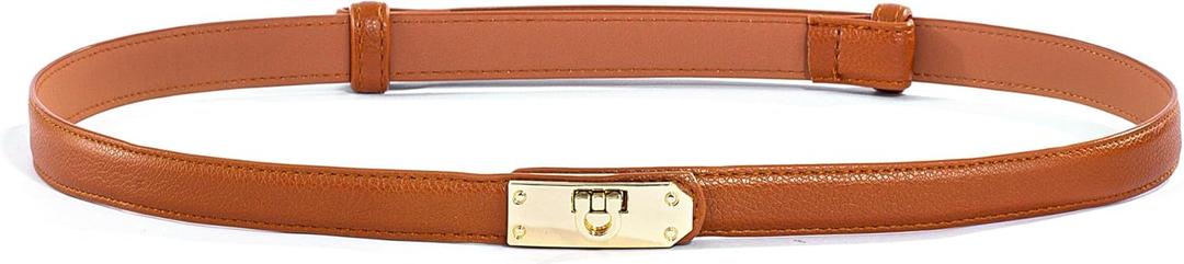 FAN&LOUIS Brown Belt Women, Skinny Waist Belt Ladies Adjustable Black Leather Belt with Gold Buckle for Dress,Jeans,and Coats (Beige, S)