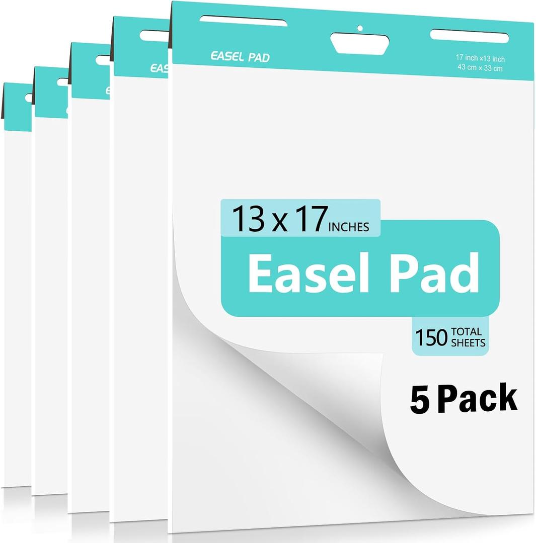 Sticky Easel Pad, 13 x 17 In Self Stick Chart Paper for Teachers, Super Sticking Power Anchor Chart Paper for White Board, Flip Chart Paper with Sticky Back for Classroom, Office, School, 30 Sheet/Pad, 5 Pads