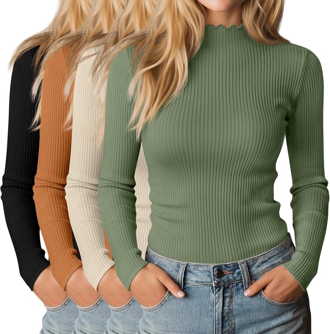 Riyiper 4 Pack Cotton Women's Mock Turtleneck Long Sleeve Tops Ribbed Lettuce Trim Slim Fit Basic Shirts Thermal Base Layer (Medium, Matcha Green, Light Beige, Orange, Black)