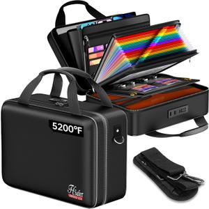 5200 Fireproof Document Box with lock, Hard-Shell Case File Organizer with 24 Pocket Accordion File Folder, Portable Safe Box with Shoulder Strap for Home Important Documents Laptop Black