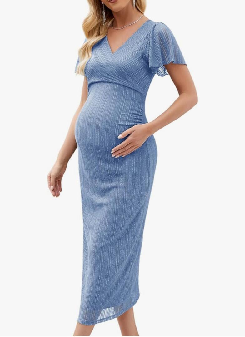 Aiswi Maternity Cocktail Dress Sparkly Mesh Wrap Bodycon Baby Shower Wedding Guest Pregnancy Fall V Neck Formal Blue XL