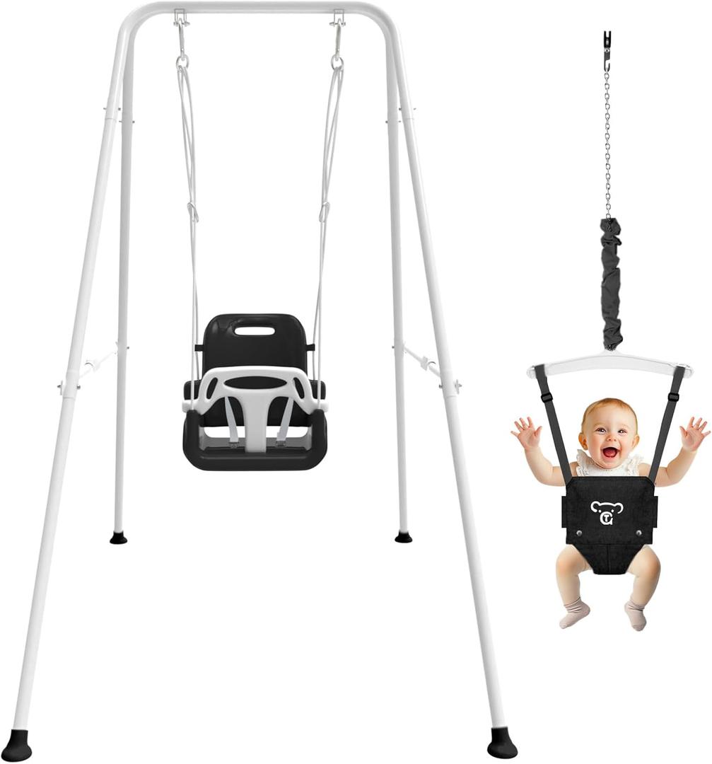 2 in 1 Toddler Swing & Baby Jumper, Foldable Baby Jumper with Soft Cushion, Foldable Indoor & Outdoor Use, Easy to Install & Store Swing Sets for Backyard Play (Black)