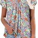 onlypuff Womens T Shirts Short Sleeve Pleated Floral Tunic Tops Dressy Casual Crew Neck Summer Boho Tops Blouses, Size 3XL