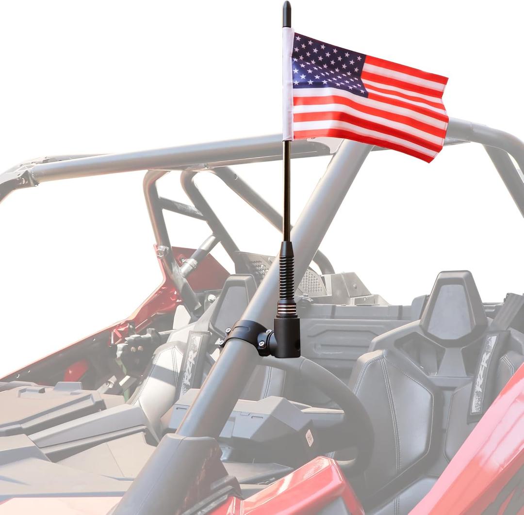 UTV Flag Pole Holder Mount ATV US Whip Flag Mount 1.75"-2" Roll Bar Flag with Pole and Mount Bracket for Polaris RZR Ranger General Can Am 360 Adjustable Aluminum Black Upgraded