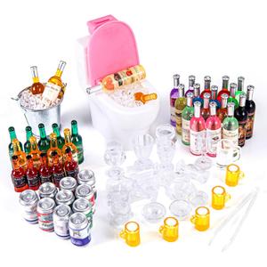 71 Pcs Miniature Ice Cubes Beer Bottles and Mini Drink Soda Pop Cans House Accessories for Fairy Garden Pub Bar Cake Decoration 1/12 Doll House Barrel Pretend Play DIY Party Toys Red Wine