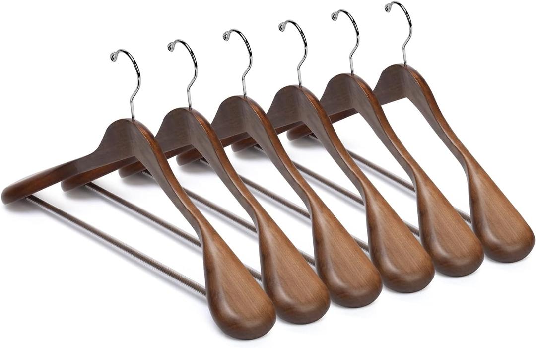 Nature Smile Luxury Wooden Suit Hangers 6 Pack Wood Coat Hangers Jacket Outerwear Shirt Hangers,with Extra-Wide Shoulder, 360 Degree Swivel Hooks & Anti-Slip Bar with Screw(Retro Color) (17.5 inches 6 pack)