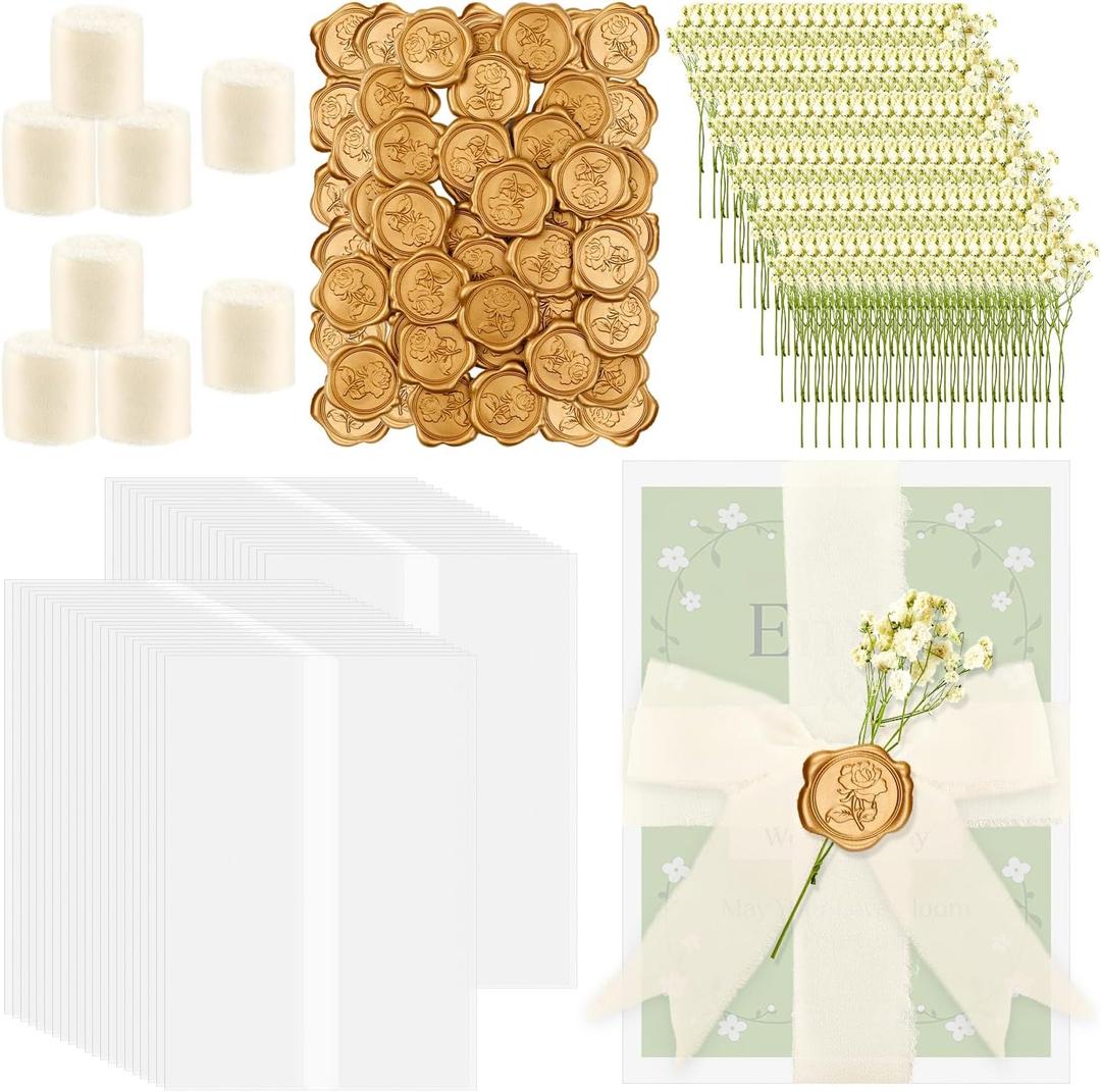 50Sets Wedding Invitations Wraps Set, Pre Folded Vellum Jackets for 5x7 Invitations with Self Adhesive Gold Wax Seal Stickers, Ribbon, White Dried Flowers, Wedding Invitation Kit for Bridal Craft DIY