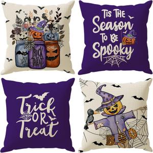 Halloween Pillow Covers Trick or Treat Vases Pumpkins Scarecrow Throw Pillow Cases Set of 4 Autumn Decorations for Farmhouse Home Bedroom Sofa Couch Outdoor Holiday Decor 16x16 Inch