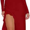 XXTAXN Women's Sexy Elegant V Neck Long Sleeve Ruffle Hem Split Party Prom Maxi Dress Red (Red, L)