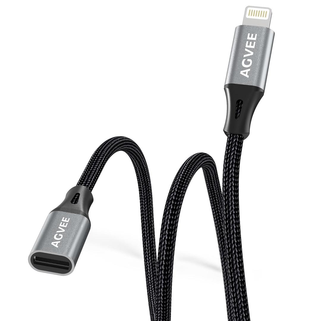 AGVEE 6.6ft Lightning Extension Cable, Braided Female to Male Extender Full Function Cord Compatible with iPhone iPad, Data Sync Video Audio & Charging Connector Adapter, Dark Gray