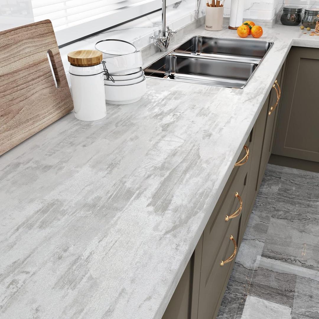 Wallercity Thick Textured Beige Wood Contact Paper 15.8"x78.7" Kitchen Peel and Stick Countertops Contact Paper Gray Matt Cement Wallpaper Self Adhesive Waterproof Vinyl Wrap for Cabinets Desk Table