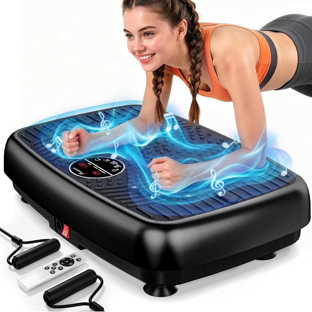 Vibration Plate Exercise Machine, Powerful Dual Motor Vibration Plate for Lymphatic Drainage & Speaker with Music, Magnetic Massage, Weight Loss & Full Body Workout, Resistance Bands,450 Lbs Capacity