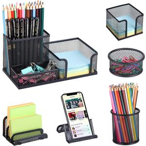 Desk Organizers set with Mesh Pen Holder Cup, 3 Compartments Black Office Supply Organizer Paper Clips Holder for Office Desk Accessories (6 Piece Set, Black)