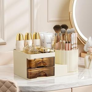 Makeup Organizer for Vanity with 2 Drawers,Countertop Rotating Makeup Brush Holder,Bathroom Organizer Holder,Cosmetic Display Case for Lipstick,Beauty,Skincare Organizer (Cream)