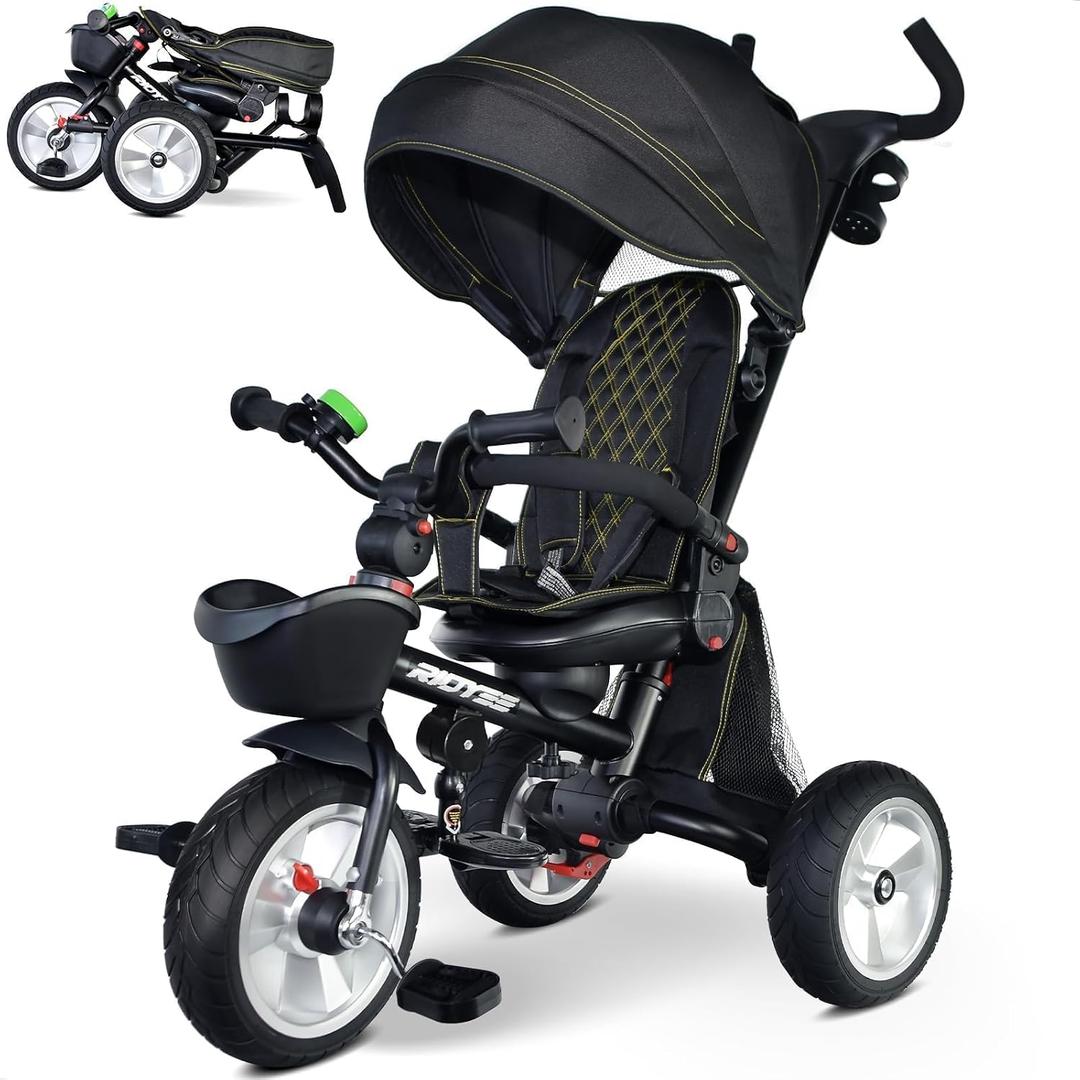 RIDYEE 7-in-1 Folding Toddler Tricycle for 18 Months to 5 Years, Tricycle Stroller with Dual Brakes, All-Terrian Rubber Tire, Tricycle for Toddlers with Rotatable Seat, Adjustable Push Handle, Black, 42.52 inches x 20.28 inches x 42.52 inches