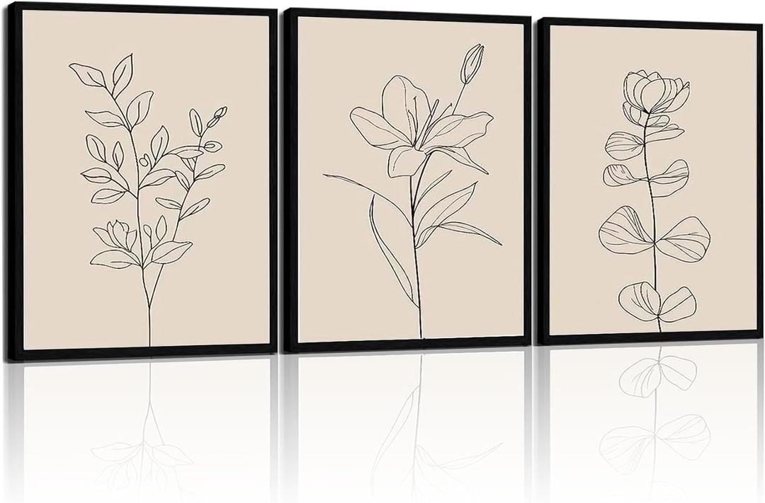 CHTEXA Minimalist Botanical Wall Art Set Of 3 Framed Canvas Prints Neutral Beige Plant Line Art Decor For Living Room Bedroom Bathroom Office 16x24 Inch