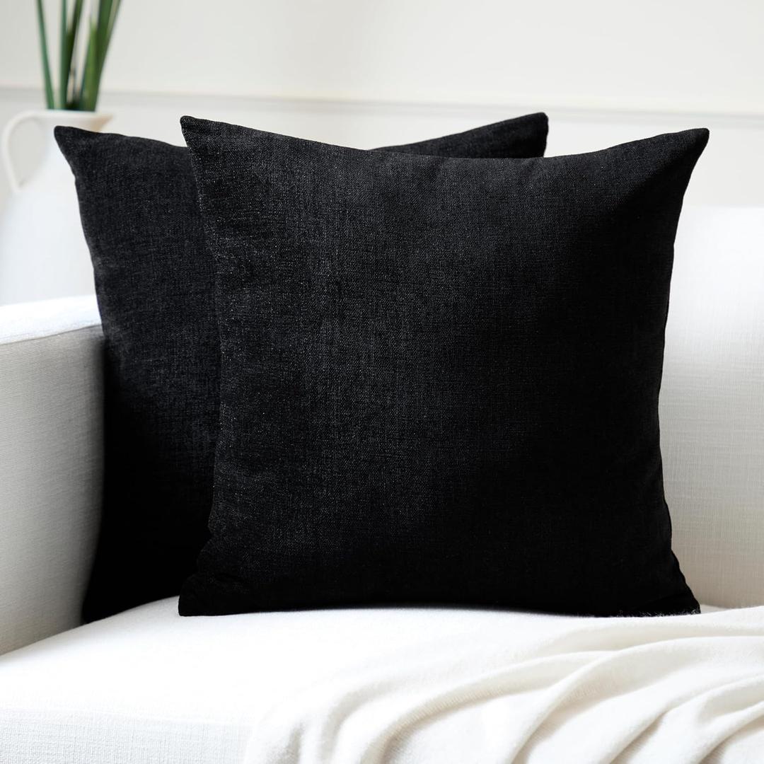 Encasa XO Thick Chenille Throw Pillow Covers Set of 2 | Black - (18"x18") (45x45 cm) | Decorative Accent Square Throw Pillow Cases for Couch, Home Decor, Sofa