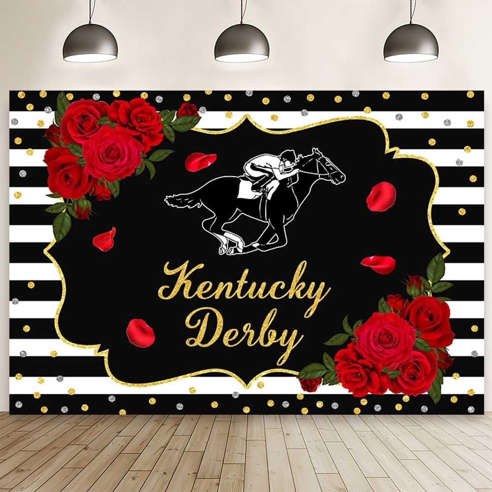 MEHOFOND 8x6ft Kentucky Derby Backdrop Rose Kentucky Derby Photography Background Black White Horse Racing Party Supplies Gold Confetti Roses Horse Equestrian Racetrack Decor Cake Smash Photo Props