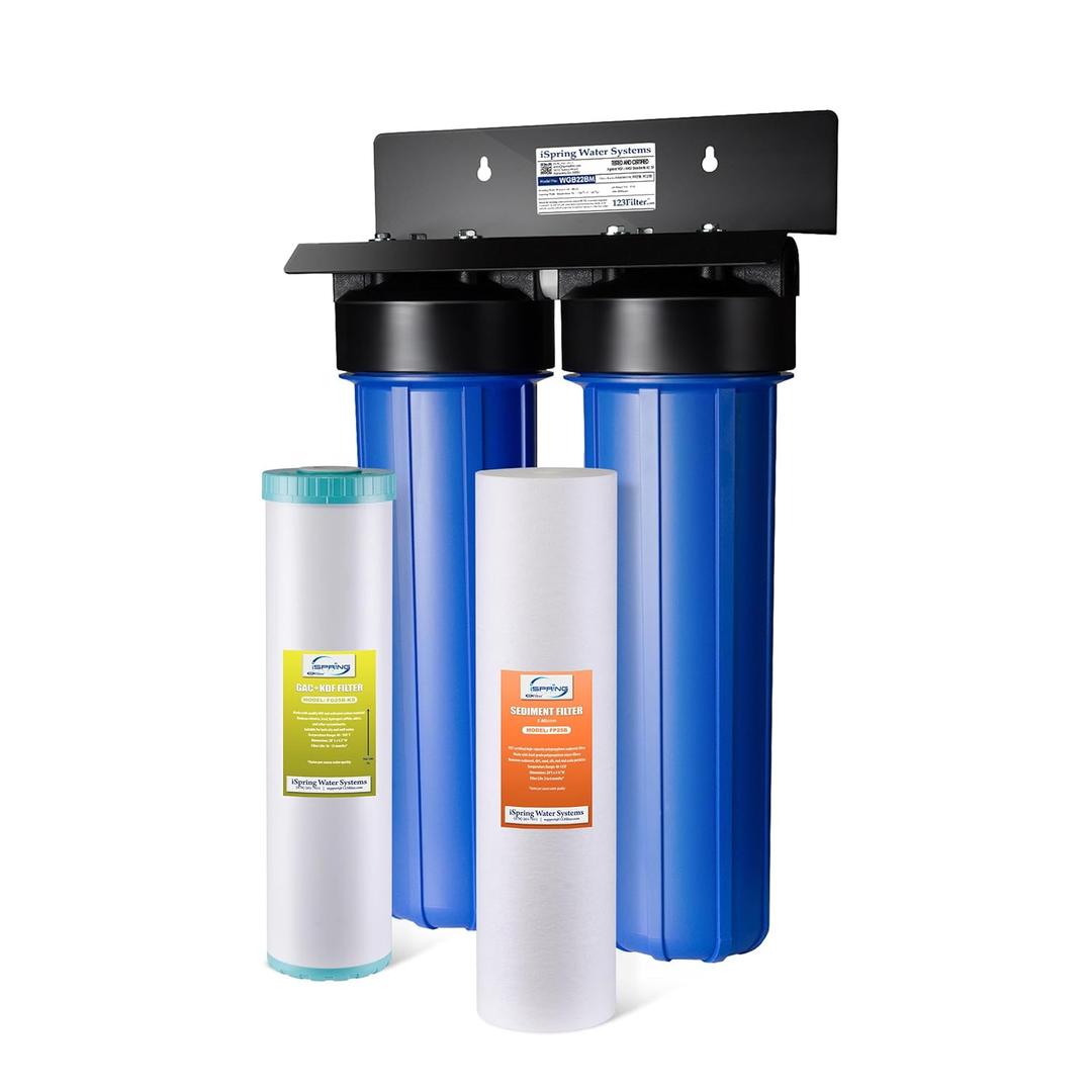iSpring Whole House Water Filter System, Reduces Sediment, PFAS, Heavy Metals, Chlorine, Chloramine, Hydrogen Sulfide, 2-Stage Whole House Water Filtration System, Model: WGB22B-KS
