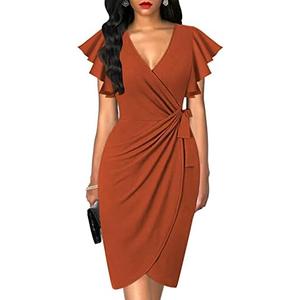 oten Women's Classic Ruffle Sleeve V-Neck Tie Belt Wrap Bodycon Office Cocktail Party Nightout Dresses Rust Red Large oten Women's Classic Ruffle Sleeve V-Neck Tie Belt Wrap Bodycon Office Cocktail Party Nightout Dresses Rust Red Large