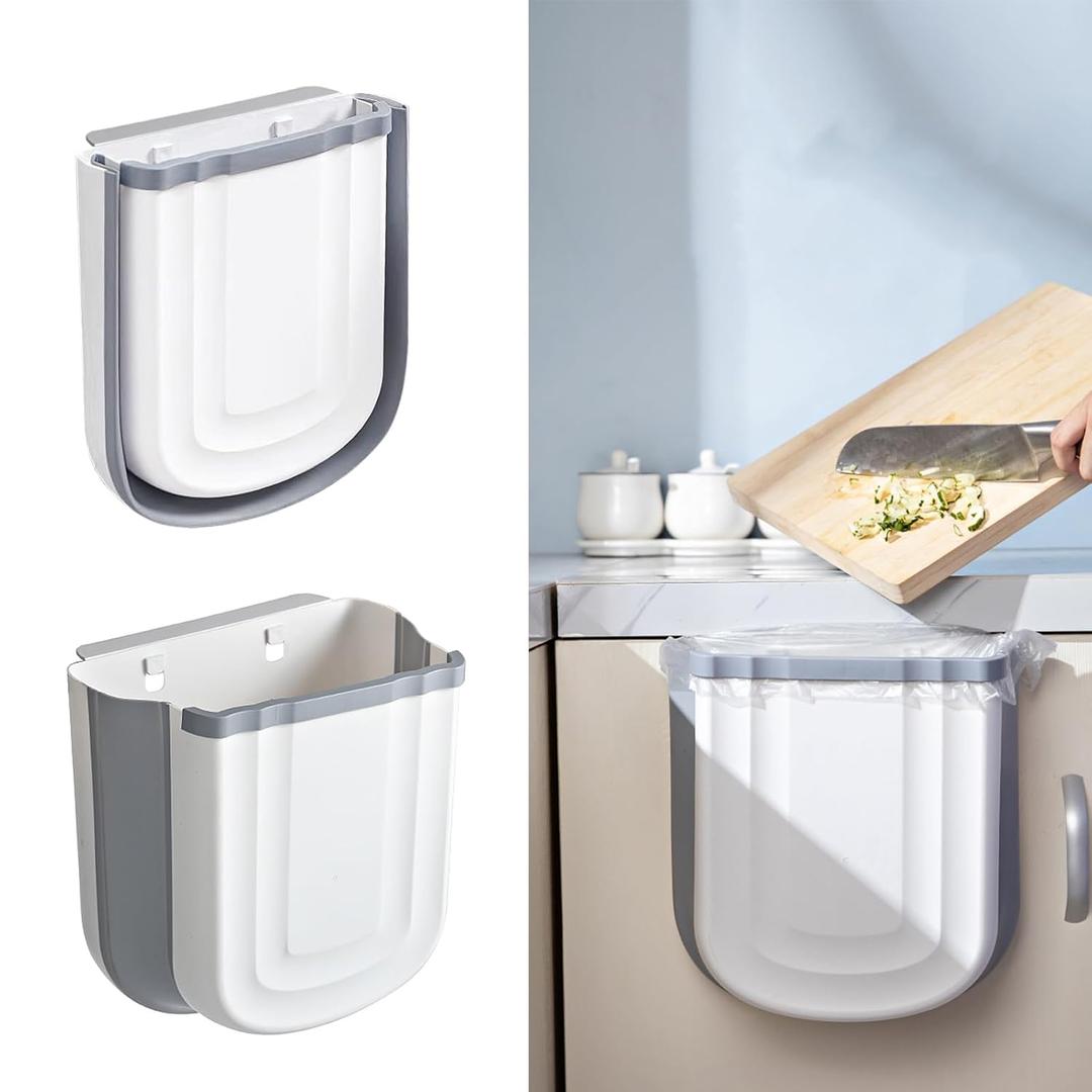 Soddeph Collapsible Hanging Can for Kitchen Cabinet Door, 9L Plastic Foldable Waste Bin, 2.4 Gallon Small Wall Mounted Garbage Bin for Kitchen, Bathroom, Bedroom Countertop (Gray)