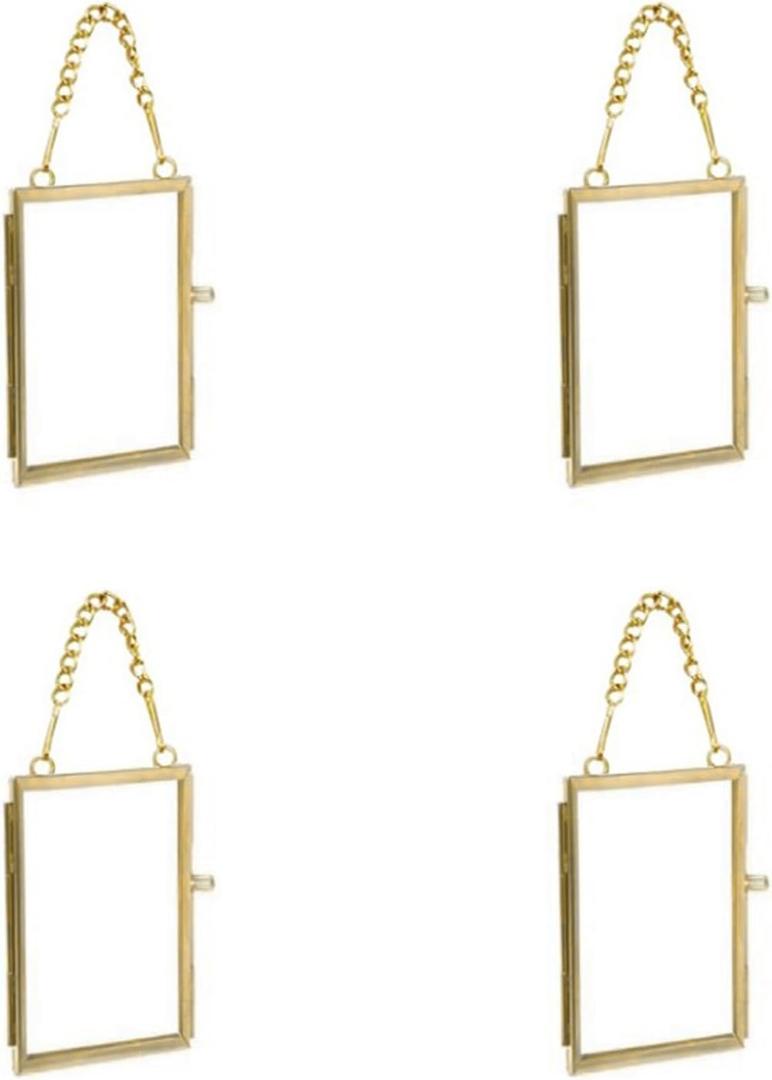 4PCS Glass Frame for Pressed Flowers, 2x3 Inch Brass Hanging Photo Frame Double Glass Frame with Chain DIY Vintage Home Decor