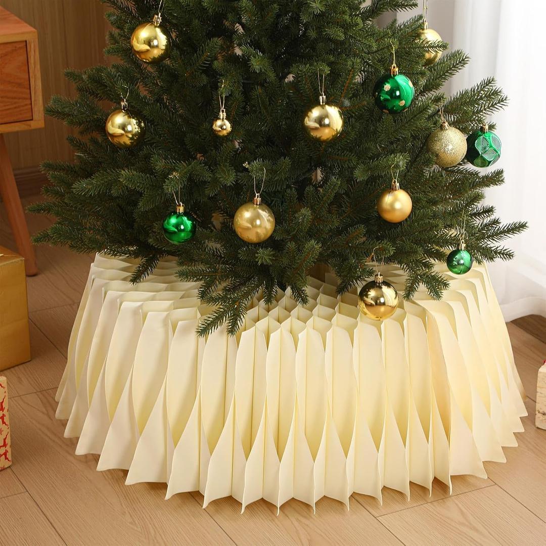 Leinuosen Large White Honeycomb Christmas Tree Collar 23-26 Inch Modern Foldable Christmas Skirt Base Cover for 6ft 7.5ft 9ft Artificial Trees Ornaments Skirt Collars for Holiday Decoration