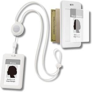 Bone Lanyard Retractable Badge Holder, Vertical ID Card Case with Card Slot & Anti-Slip Design, Large Storage Capacity, Adjustable Silicone Neck Strap with Retractable Cord (White - Vertical)