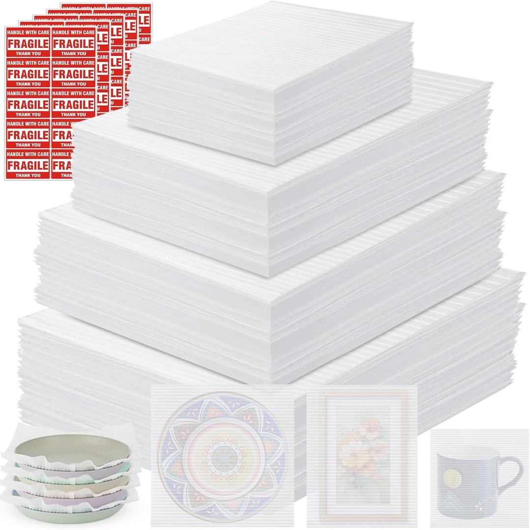 250 Packaging Supplies,200 Pack Foam Pouches and Sheets,3 Sizes(12"x12", 12"x7.5", 7.5"x7.5") with 50 Fragile Stickers,Cushion Foam for Moving,Packing,Transportation,Storage