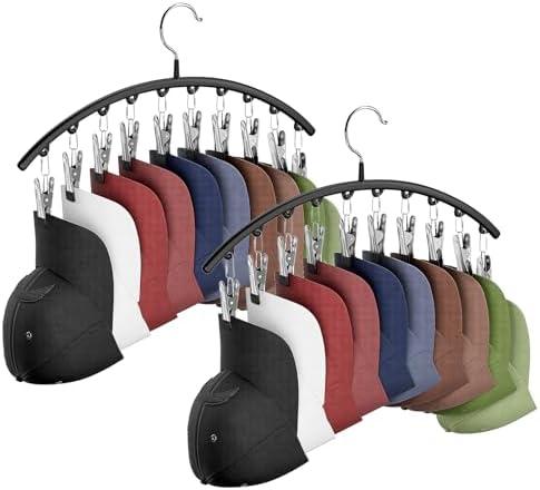 Hat Hangers for Closet, Metal 2 Pack Hat Organizer Holder for Hanger Closet Display, Hat Racks for Baseball Caps w/10 Clips, Hat Holder for Ball Caps & Accessories, for Men Women, Black