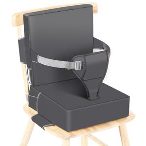 Toddler Booster Seat for Dining Table Kitchen Chair, Waterproof Non-Slip with Backrest & Adjustable Straps, Portable PU Travel Baby Kids Booster Seat Cushion (Dark Grey)