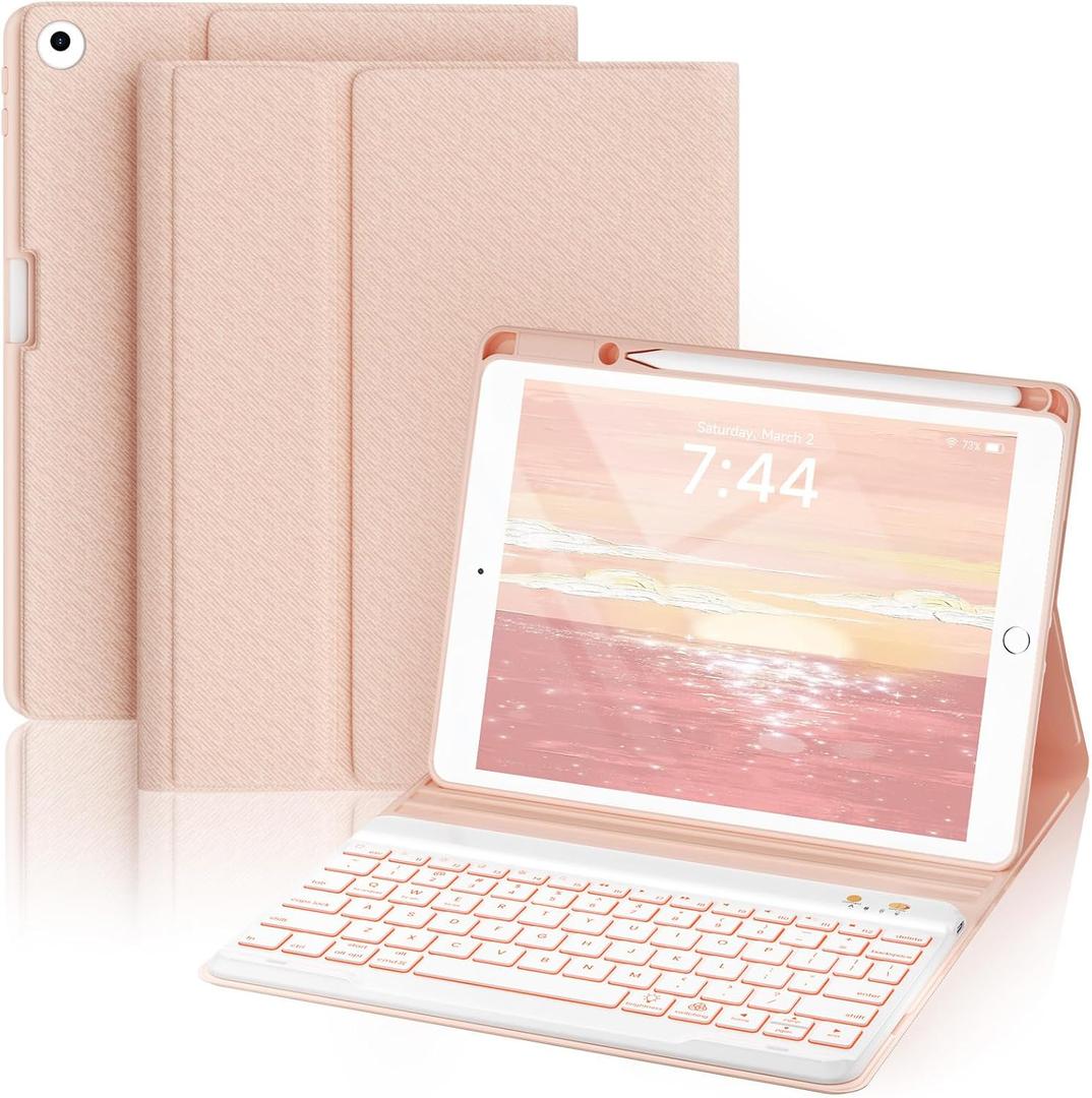 OYEEICE Keyboard case for iPad 6th 5th Gen 9.7" (2018/2017) 7 Color Backlit Wireless Keyboard with Pen Holder for iPad Air 2 Gen 2014- Pink