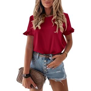 PRETTYGARDEN Women's Short Sleeve Casual T Shirts Summer Ruffle Plain Round Neck Loose Fit Tee Blouse Tops, Large