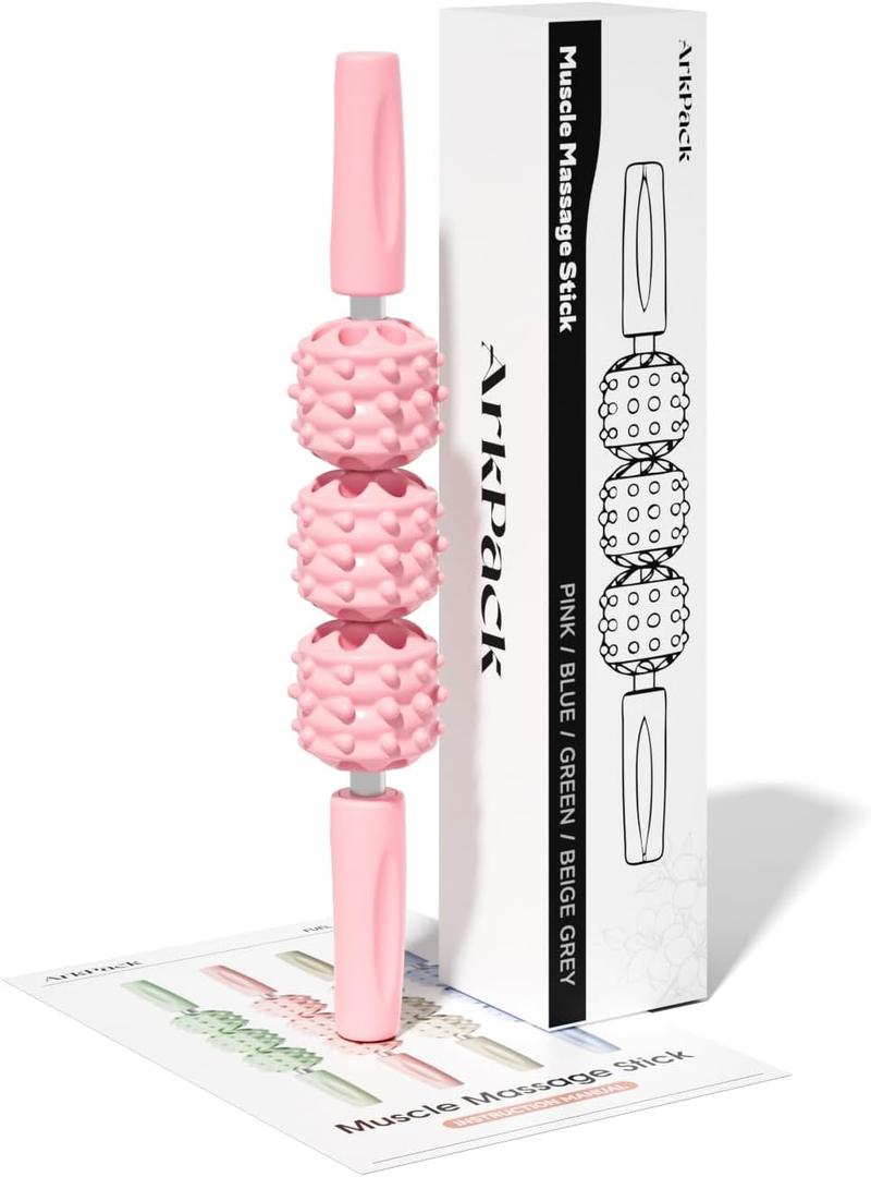 Muscle Roller Stick for Legs,11.6IN Physical Massager 3-Balls Massage Roller Stick Trigger Point Massage Fascia Roller for Leg Calf Abdominal Neck Arms Relieve Muscle Soreness-Pink