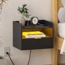 Veegle White Floating Nightstand with Charging Station and LED Lights (Black)