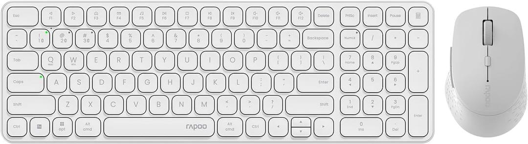 Rapoo Wireless Keyboard and Mouse Combo, Blade-Series E9310M 99-Key Ultra-Thin Keyboard and M300G Silent Mouse, Support 4 Devices, Quiet, Compact, Battery Powered, for Windows/Mac/Linux/Chrome (9360M, White)